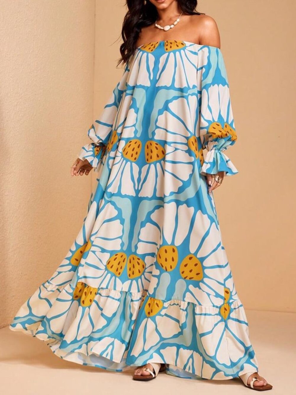 96- NEW Blue Floral Off Shoulder Ruffle Maxi Dress Boho Resort Beach